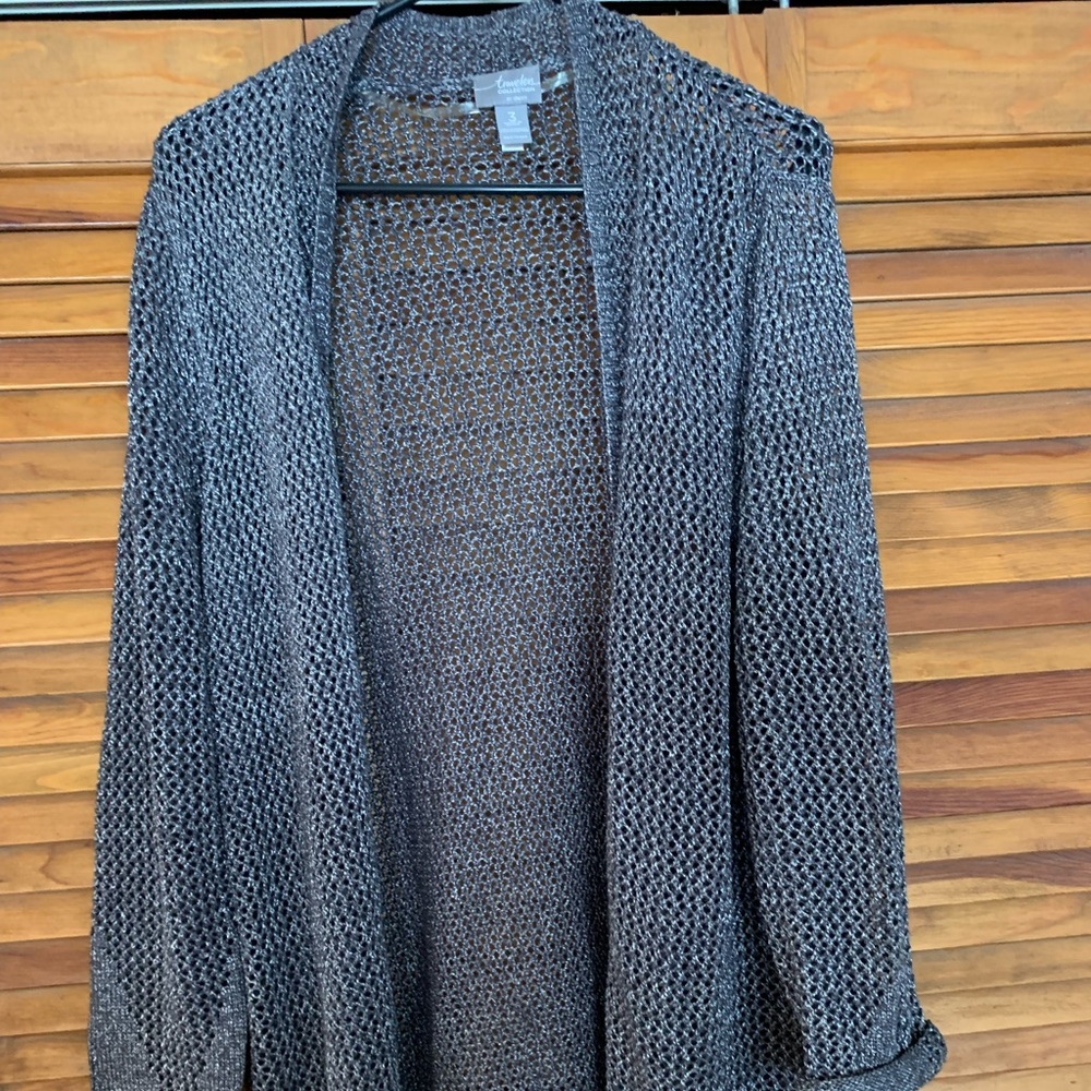 Chicos 3 grey metallic crochet cardigan